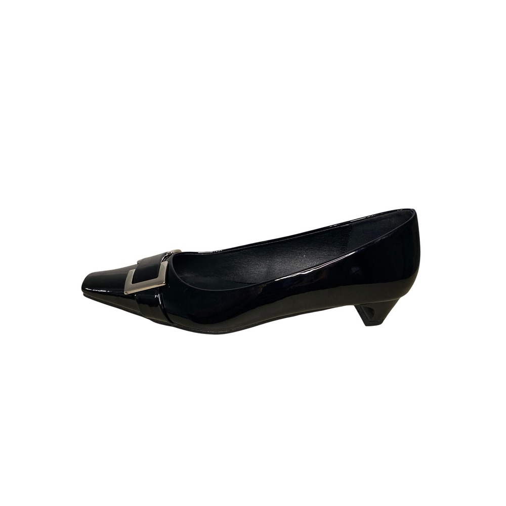 NEW C.Paravano Black Patent Leather Square Toe Buckle Kitten Heels Size 41 10.5